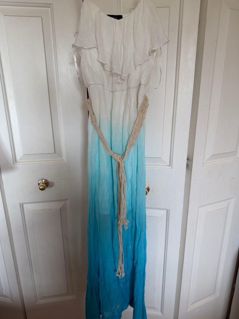 White to Turquoise Ombre Maxi Dress with Braided Belt. ☀️🌊⛱️